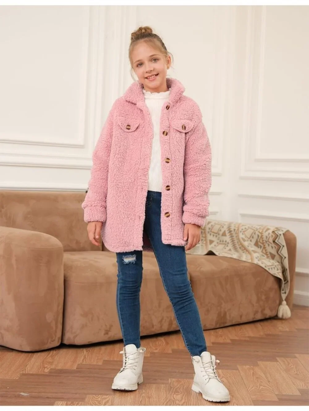 Kids Girl's Pink Polyester Casual Button Down Sherpa Faux Fur Fleece Jacket